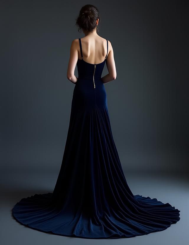Deep navy midnight velvet gown with floor length trail