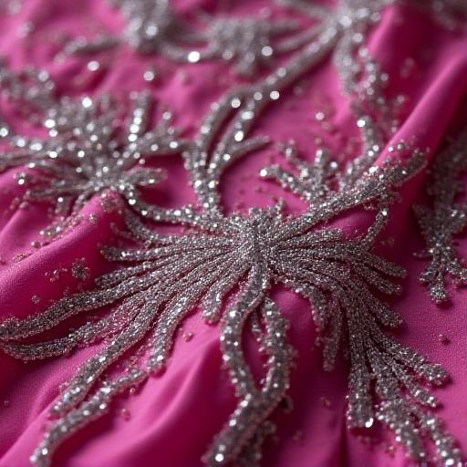 Close up of hand-beading on a silk evening gown