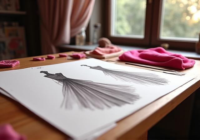 Couture atelier with hand-drawn sketches and silk fabrics