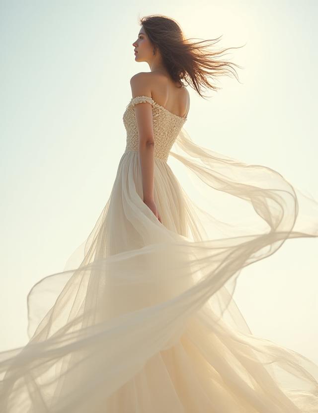 Flowing white silk chiffon gown with delicate floral embroidery