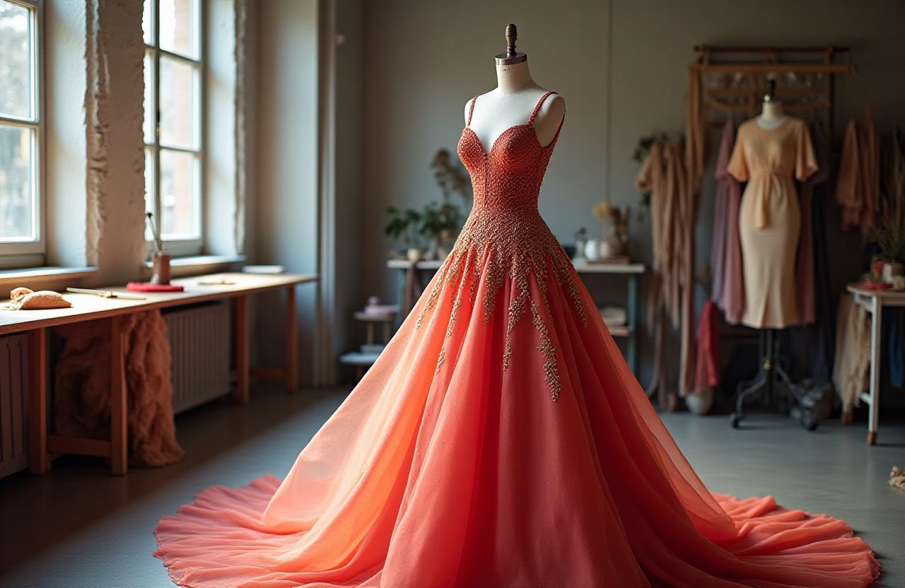 Stunning bespoke silk evening gown on a mannequin in a sunlit Sandwell atelier