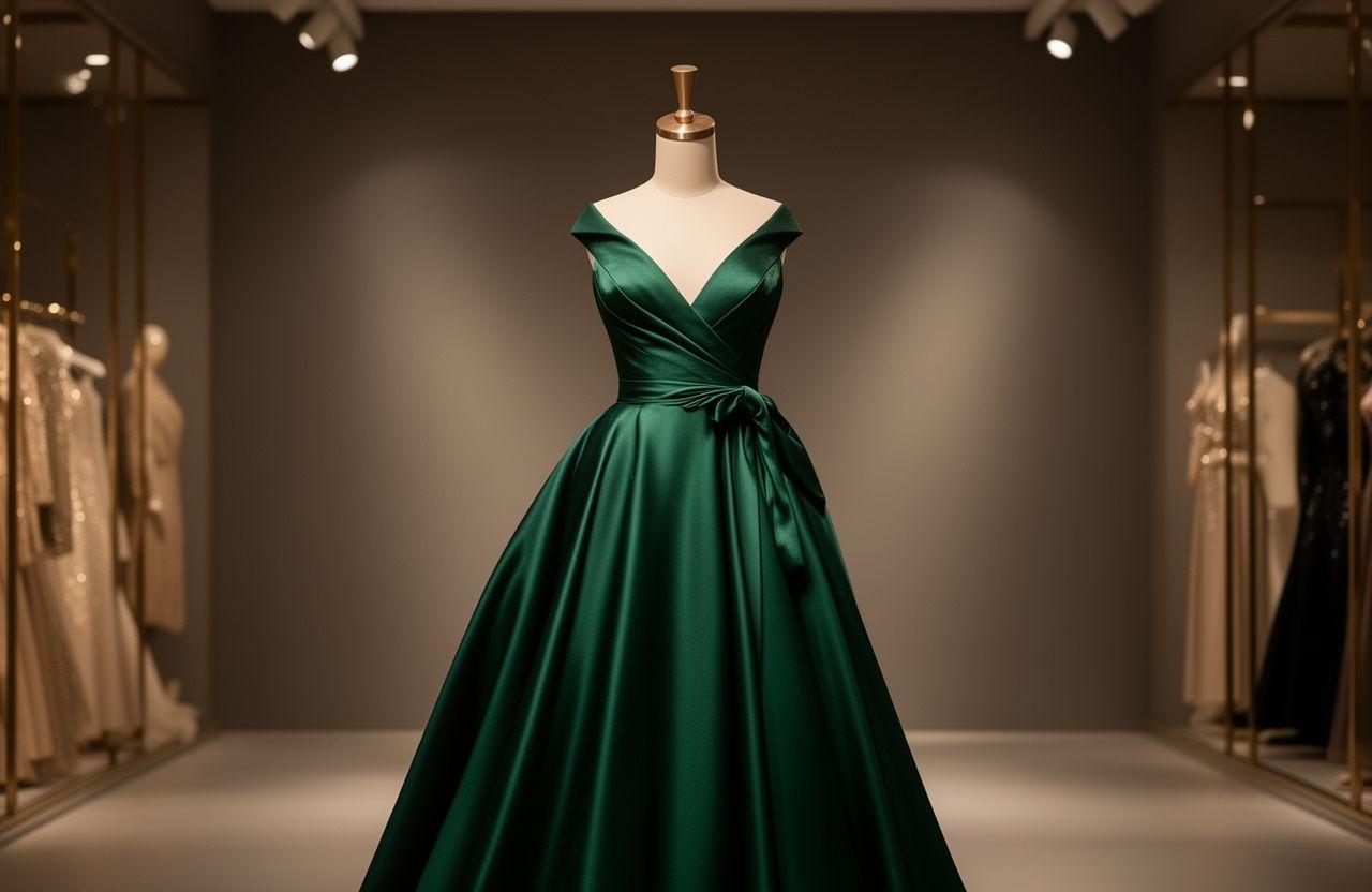 Stunning emerald green gala gown displayed in a luxury boutique